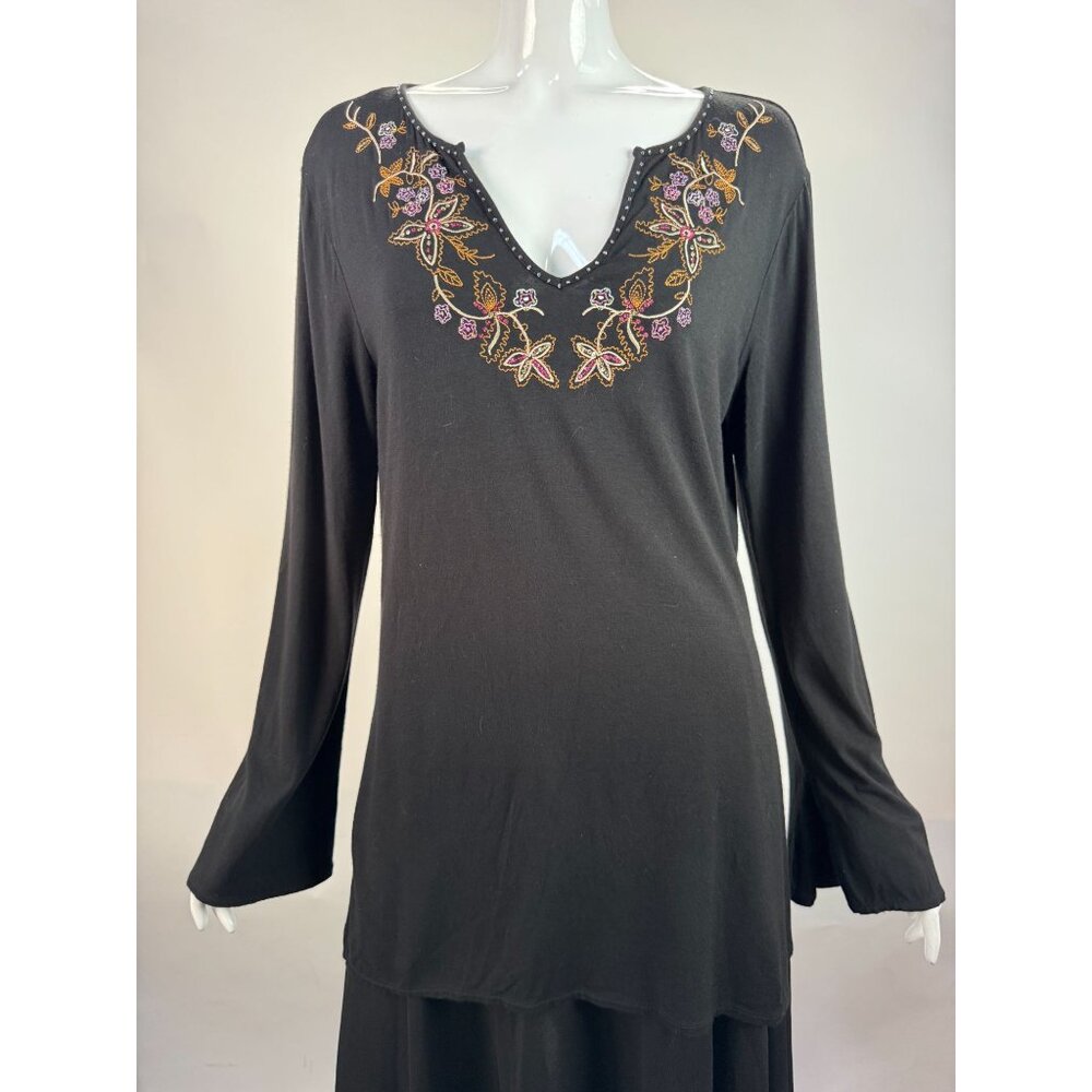 J.Jill Black Embroidered Tunic Top Stretch M Made In Vietnam
